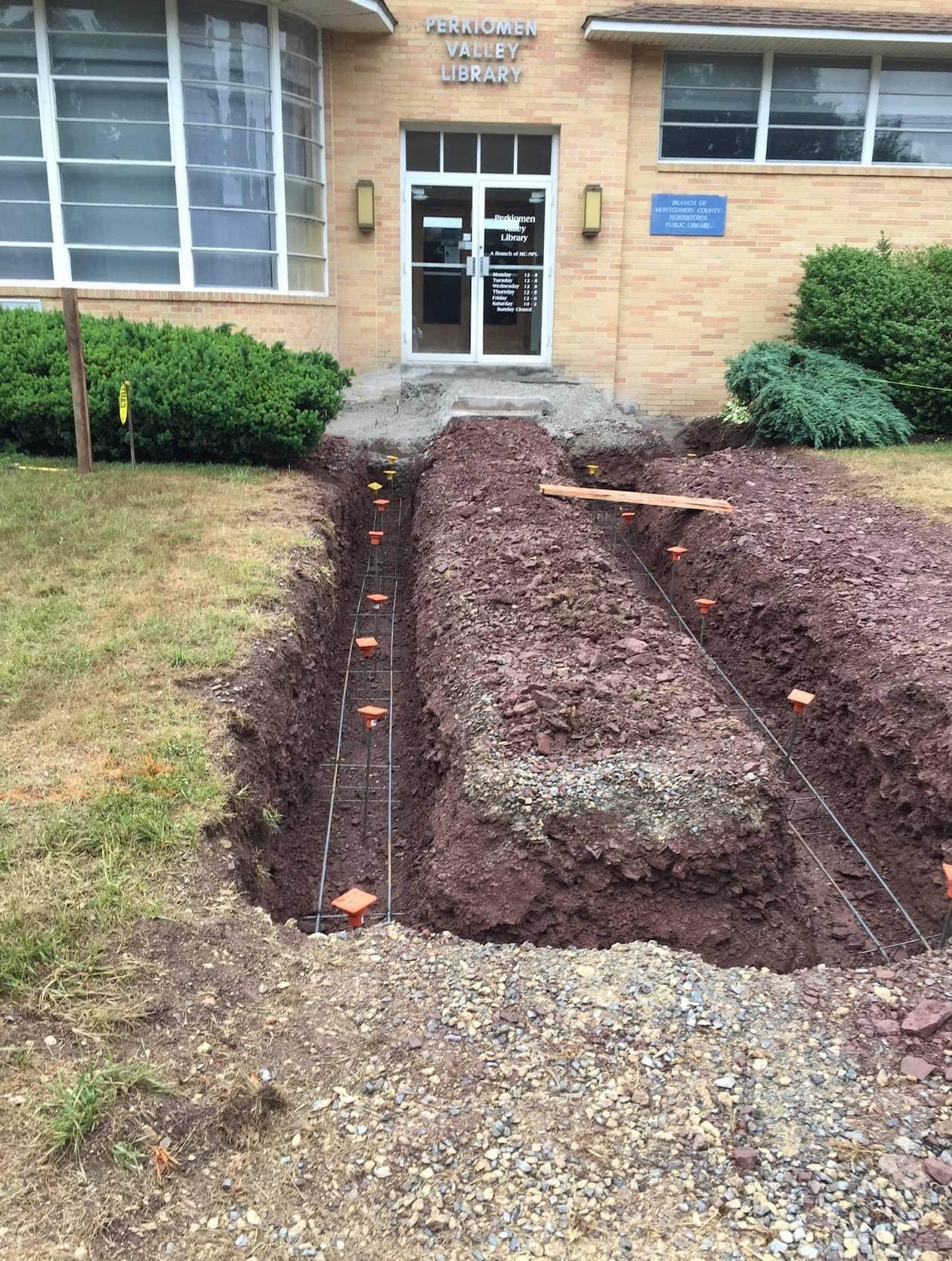 Footing trench with rebar at Perkiomen Valley Library by MJS & Sons Construction