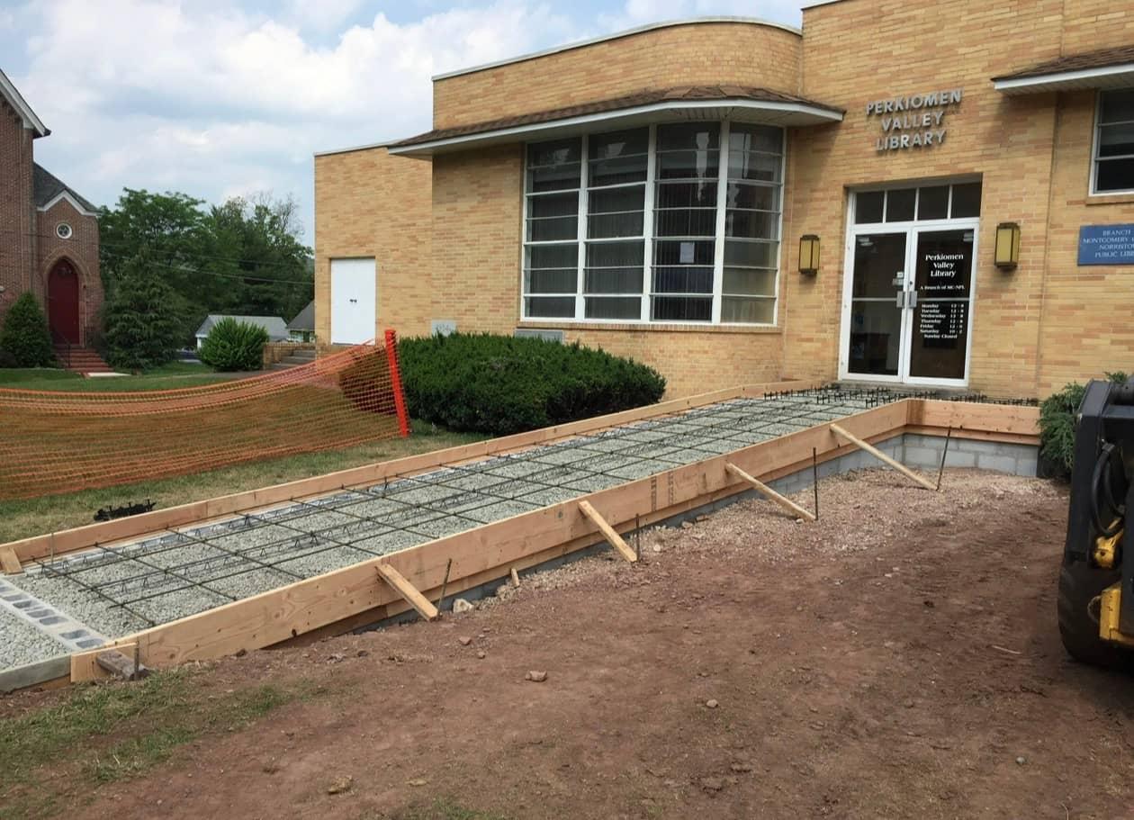 Walkway forms and rebar at Perkiomen Valley Library by MJS & Sons Construction